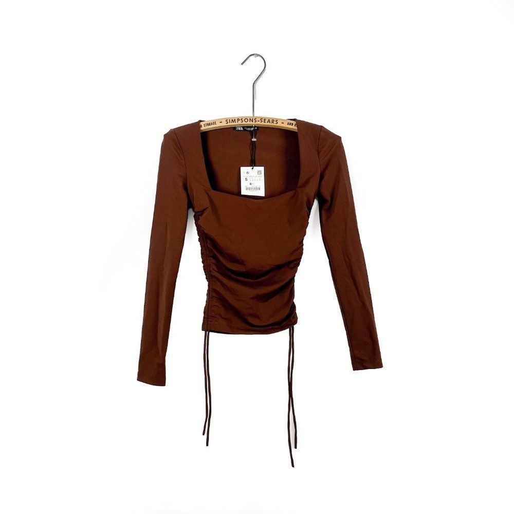 ZARA Ruched Side Long Sleeve Brown Top Square Neckline​